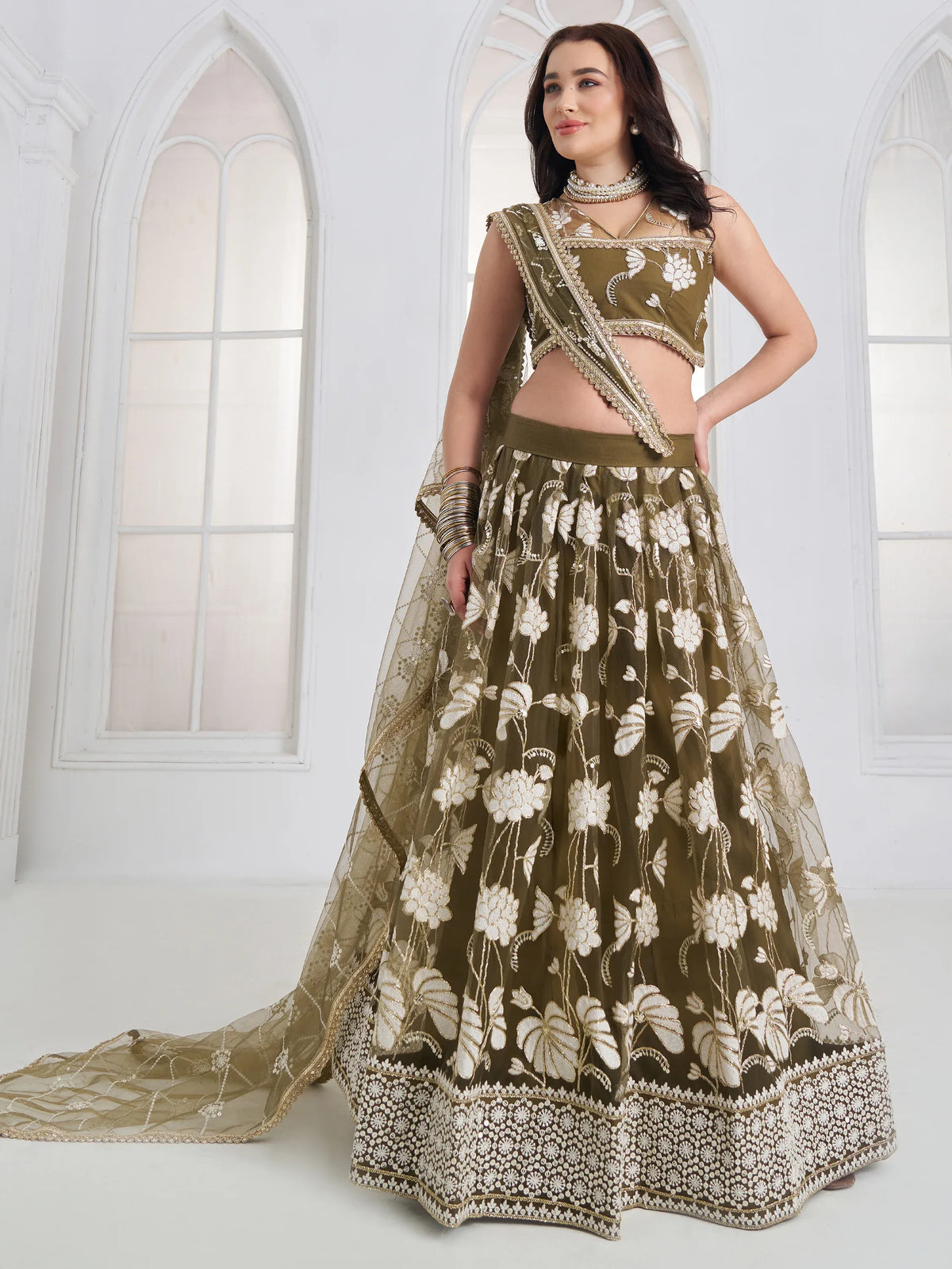 Alluring Olive Green Thread Work Net Mehendi Wear Lehenga Choli