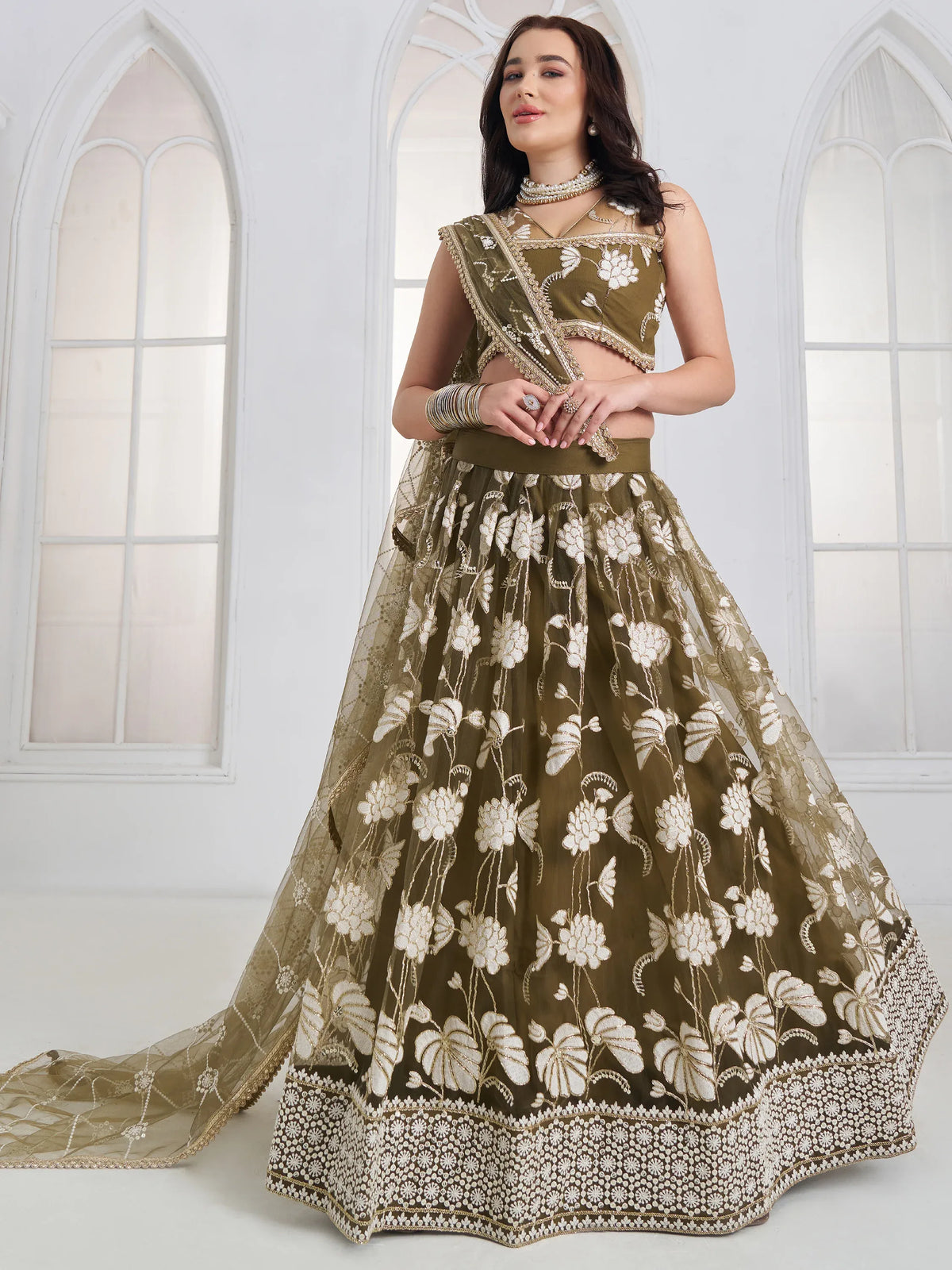 Alluring Olive Green Thread Work Net Mehendi Wear Lehenga Choli