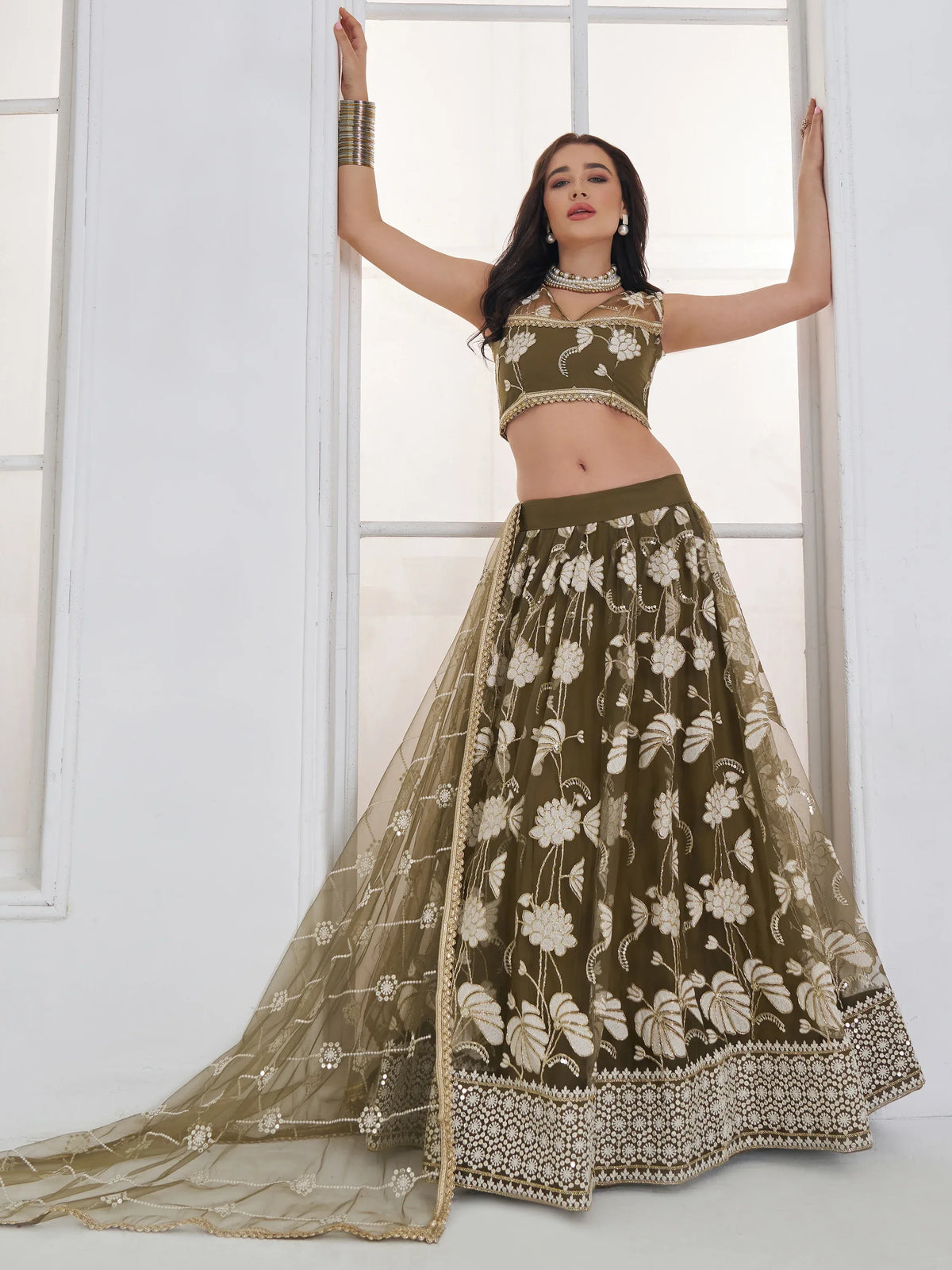 Alluring Olive Green Thread Work Net Mehendi Wear Lehenga Choli