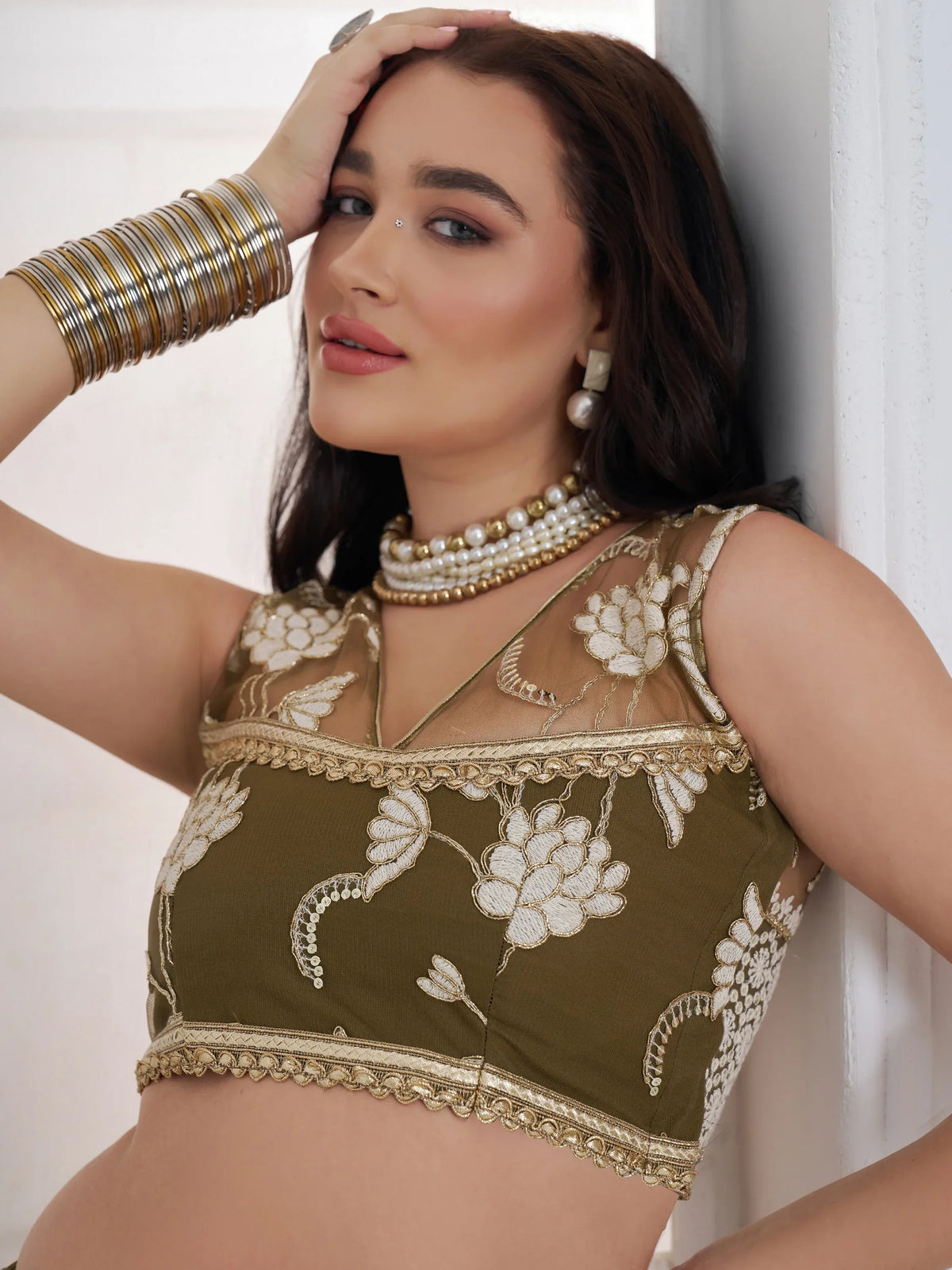 Alluring Olive Green Thread Work Net Mehendi Wear Lehenga Choli