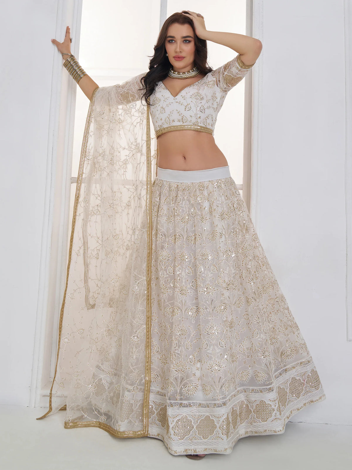 Fantastic White Sequins Net Bridesmaid Lehenga Choli With Dupatta