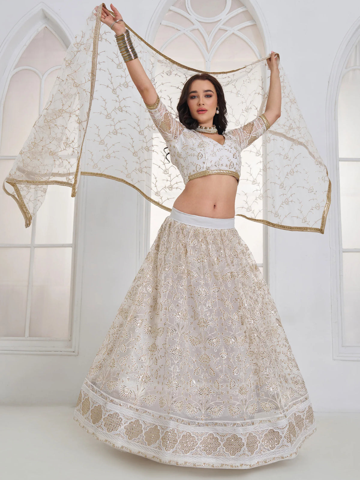 Fantastic White Sequins Net Bridesmaid Lehenga Choli With Dupatta