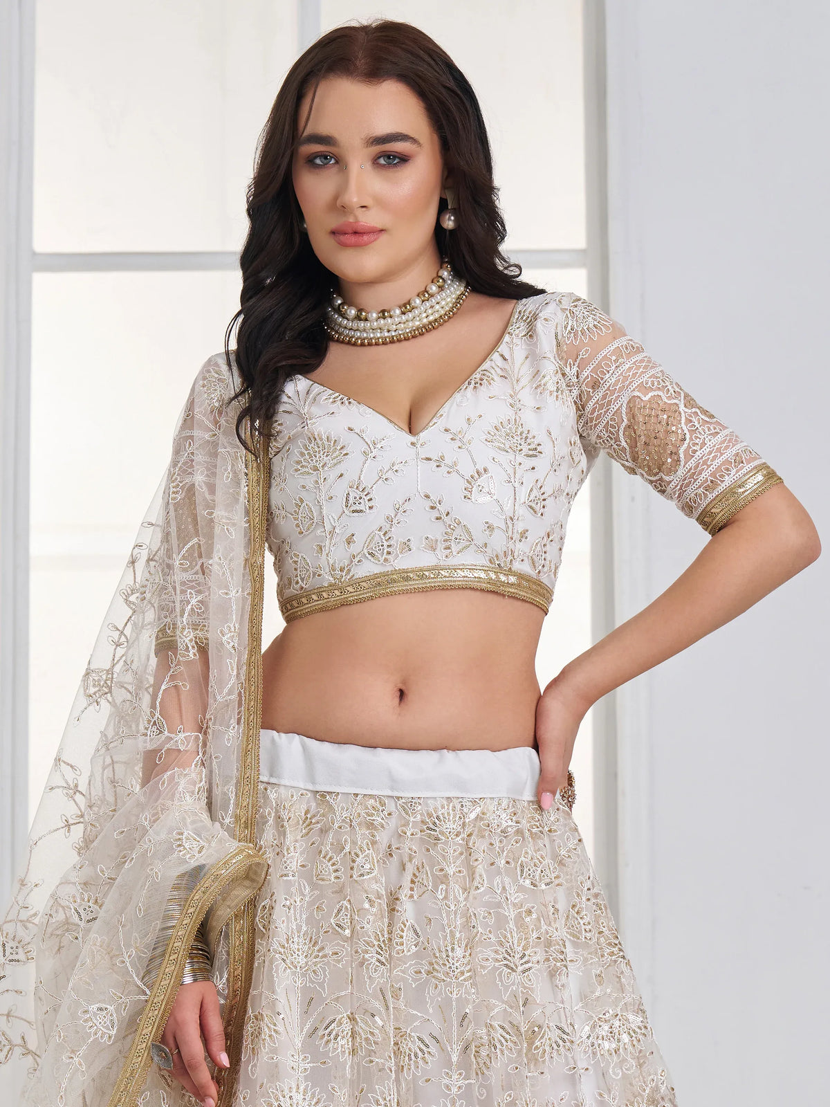 Fantastic White Sequins Net Bridesmaid Lehenga Choli With Dupatta