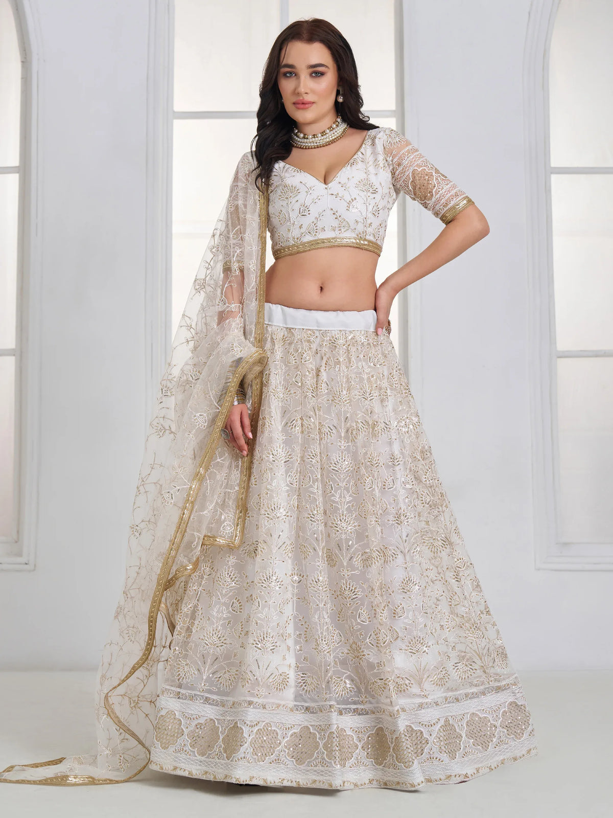 Fantastic White Sequins Net Bridesmaid Lehenga Choli With Dupatta
