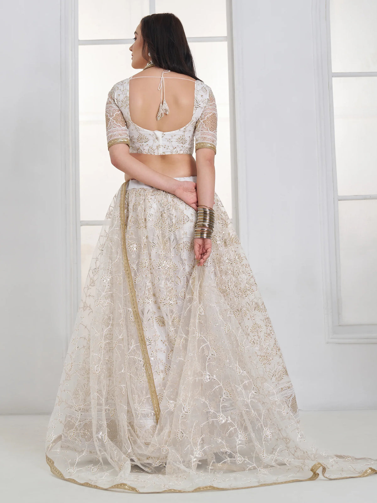 Fantastic White Sequins Net Bridesmaid Lehenga Choli With Dupatta