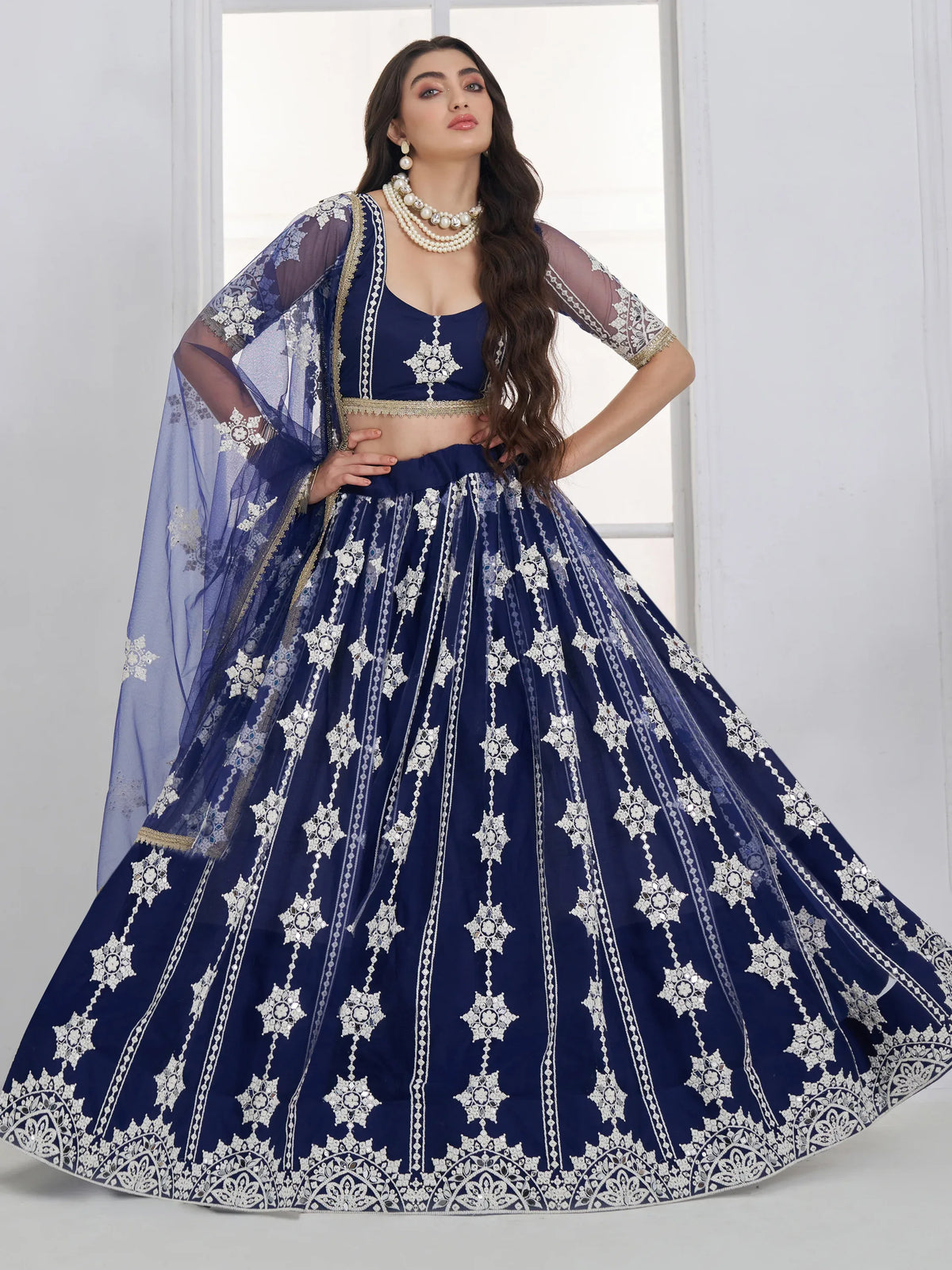 Charming Navy Blue Thread Embroidery Net Wedding Wear Lehenga Choli