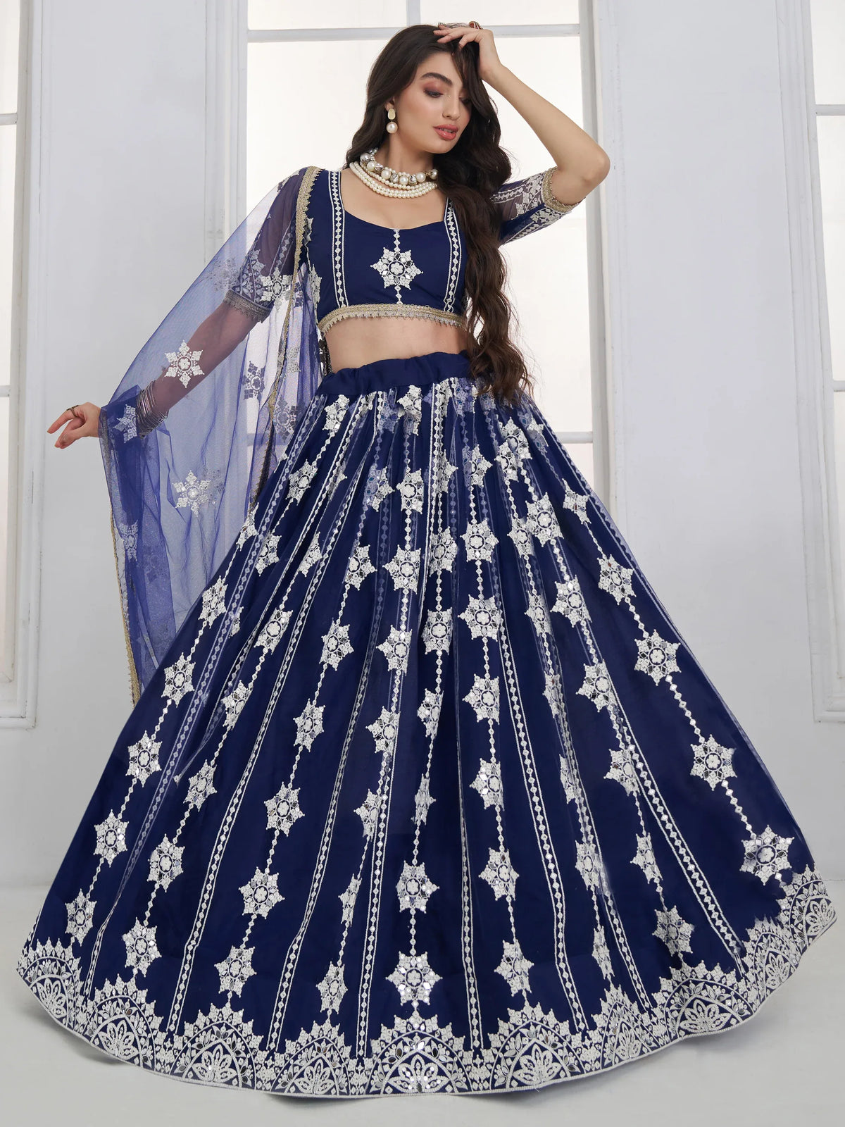 Charming Navy Blue Thread Embroidery Net Wedding Wear Lehenga Choli