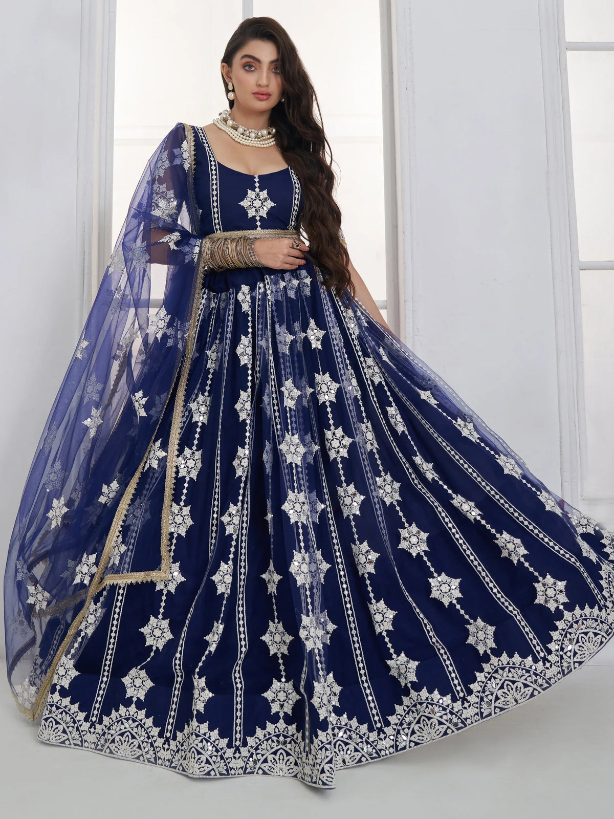 Charming Navy Blue Thread Embroidery Net Wedding Wear Lehenga Choli