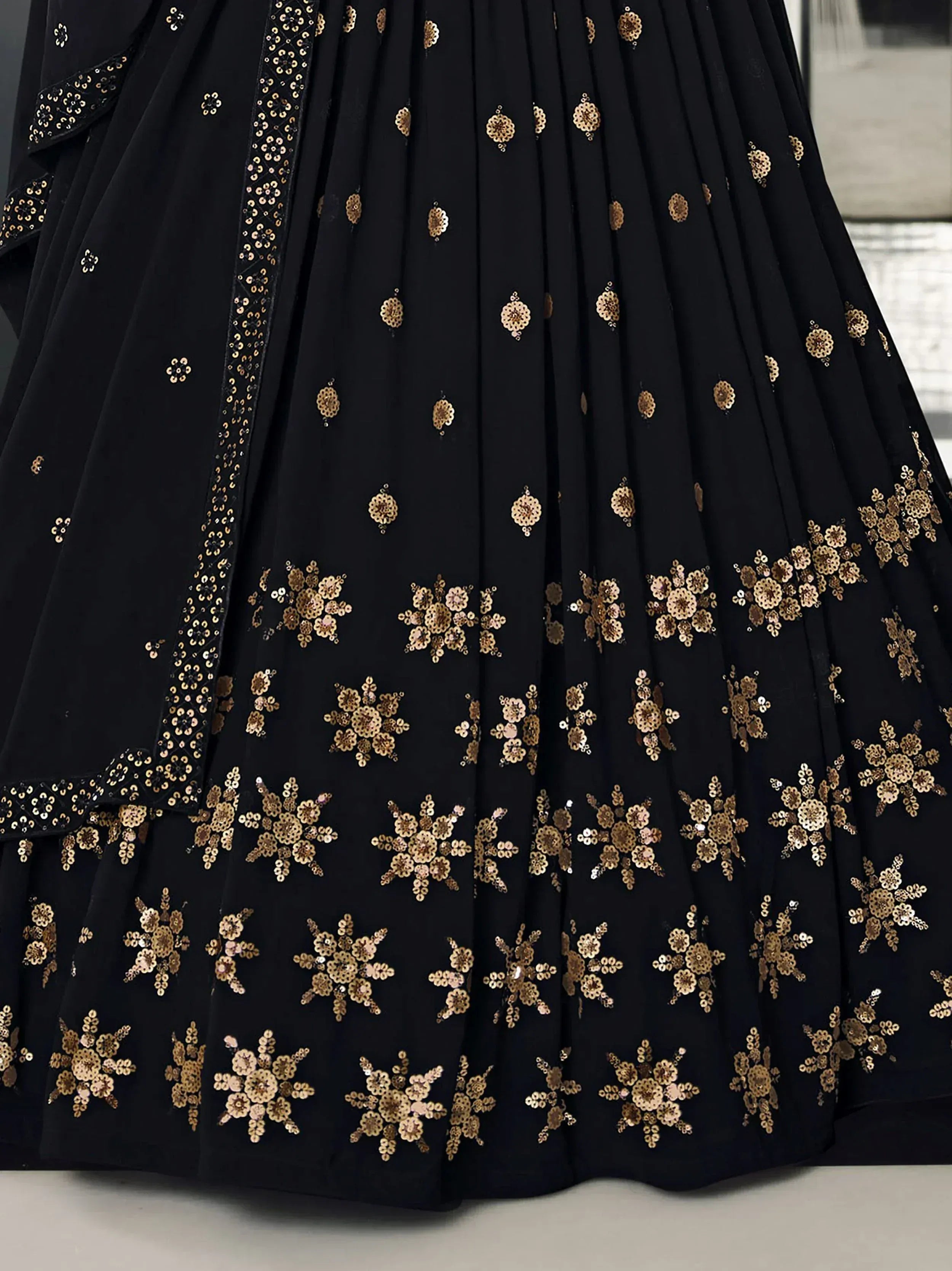 Black lehenga with gold floral sequin embroidery, ethnic Indian wear