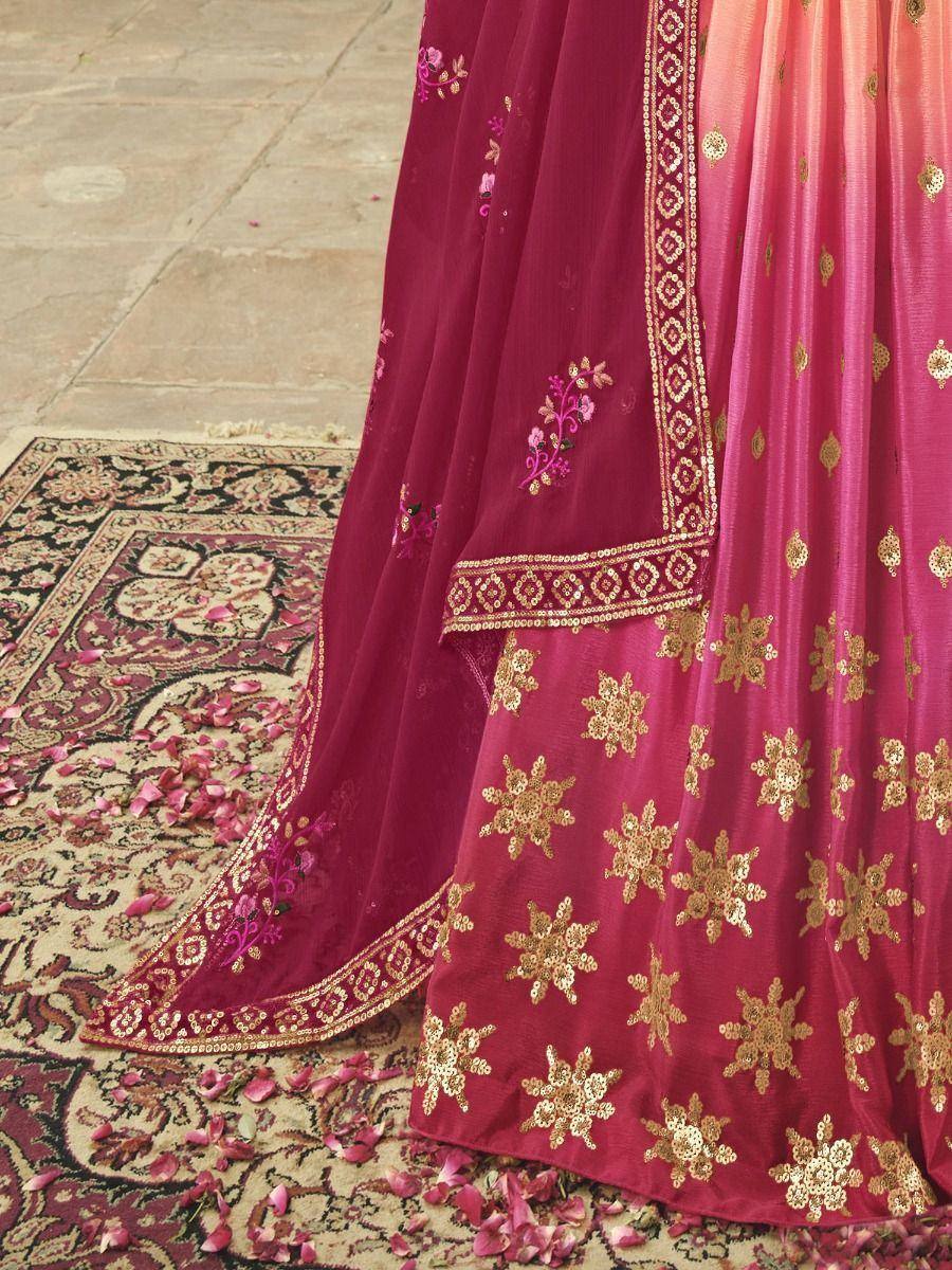 Pink lehenga with gold floral embroidery and sheer dupatta, perfect for Indian ethnic wear occasions