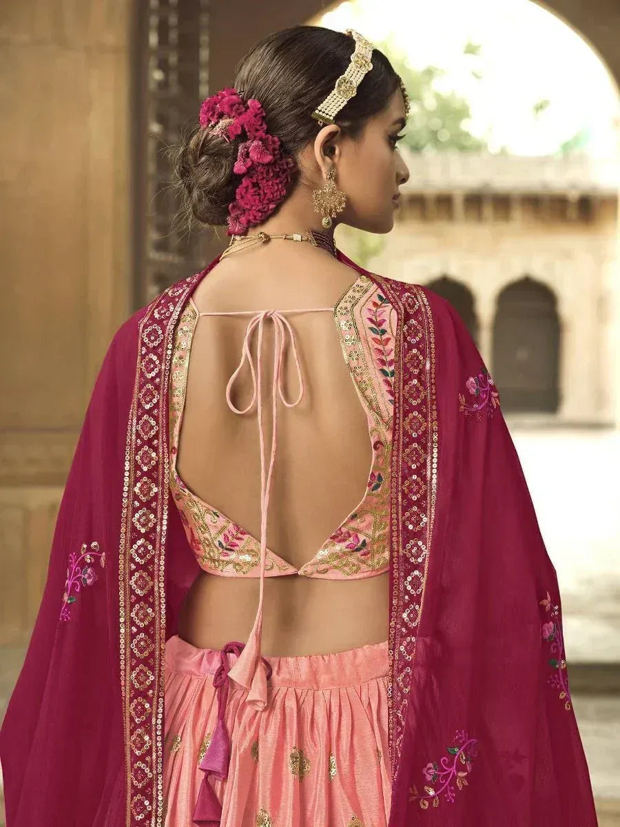 Pink embroidered lehenga choli with open back and maroon dupatta, Indian ethnic wear