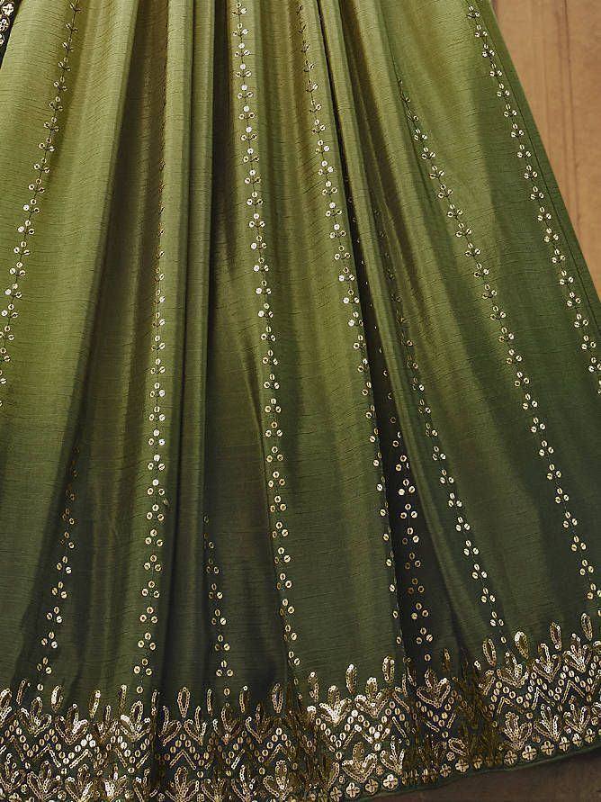 Olive green ethnic lehenga with gold sequin embroidery and detailed border work