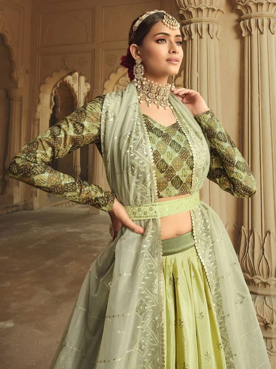 Outstanding Pista Green Shaded Sequins Lehenga With Embroidered Choli