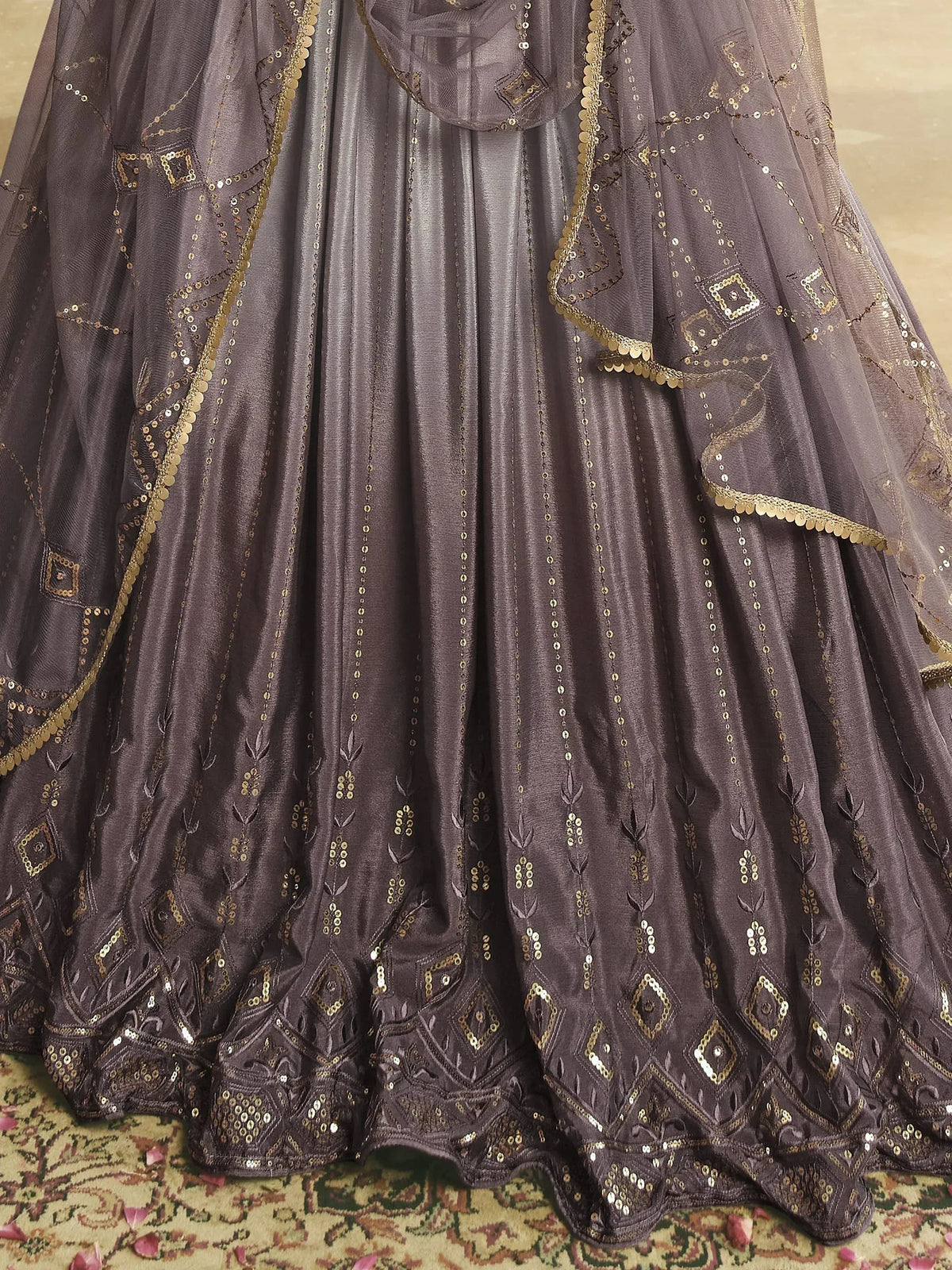 Grey designer lehenga with gold sequin embroidery and scalloped dupatta, ethnic wear for weddings