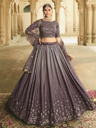 Entrancing Dusty Purple Shaded Sequins Silk Lehenga With Embroidered Choli