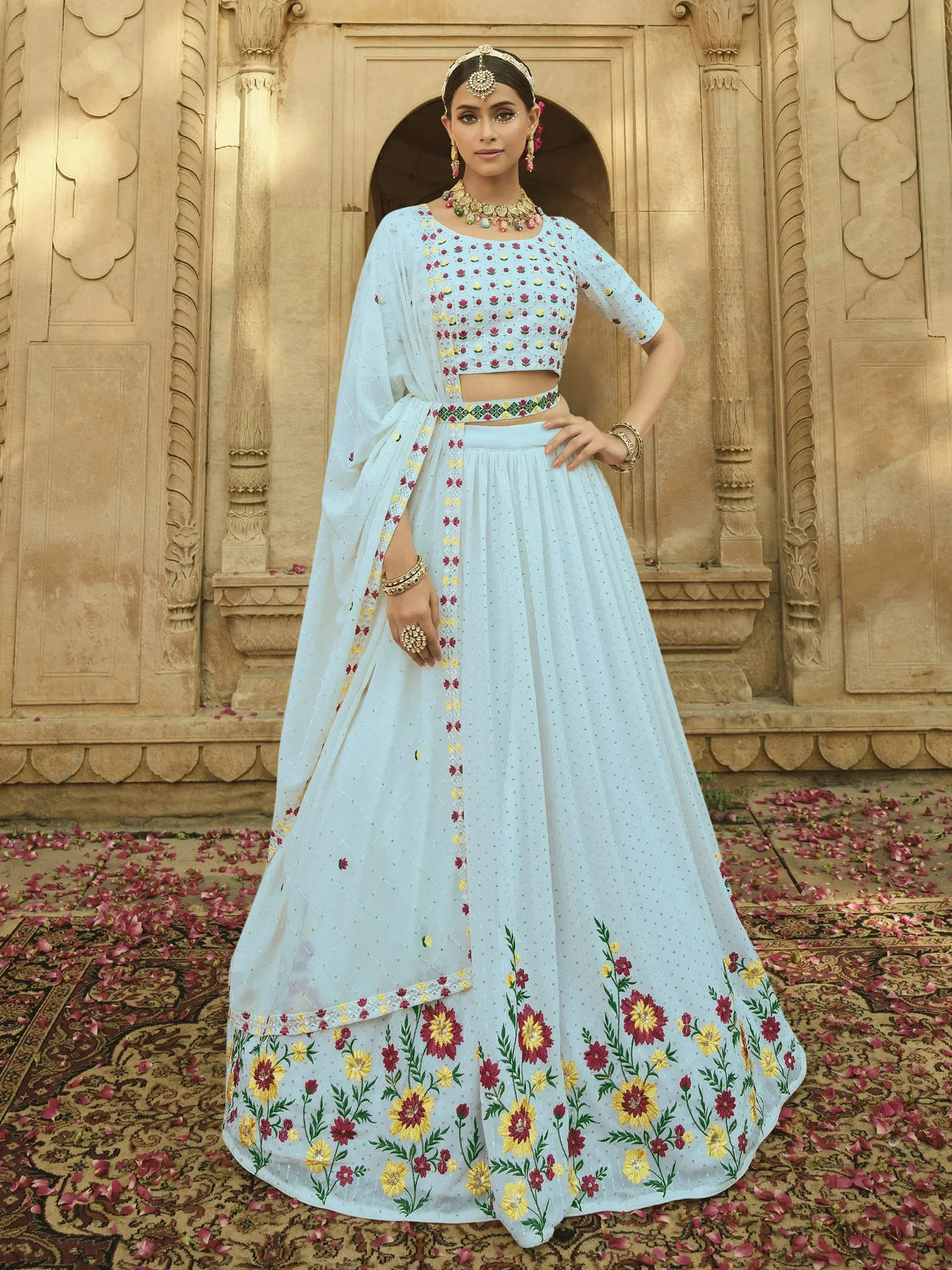 Light blue floral embroidered lehenga choli with dupatta, perfect for Indian ethnic wear occasions