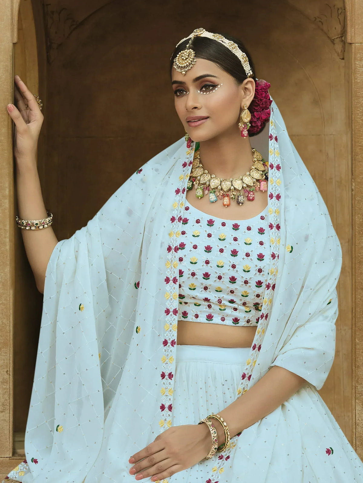 White floral embroidered lehenga choli with dupatta, traditional Indian ethnic wear for women