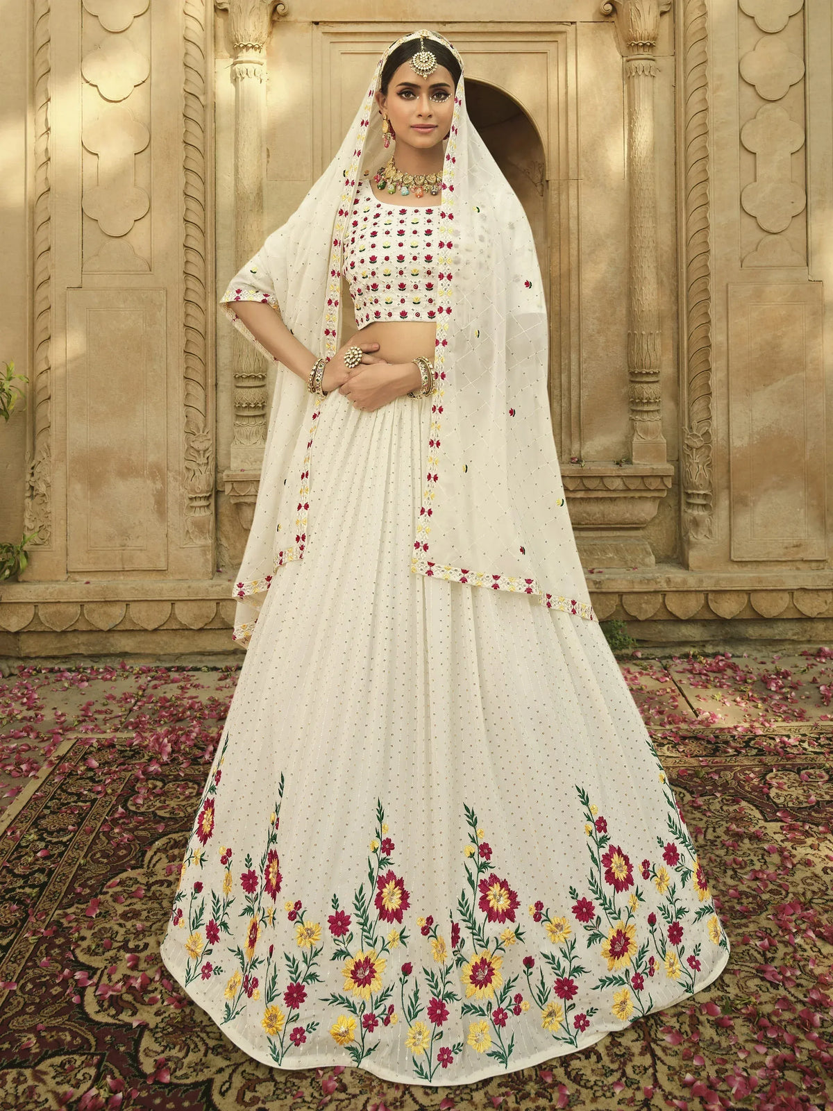 White floral embroidered lehenga choli with dupatta, Indian ethnic wear for weddings