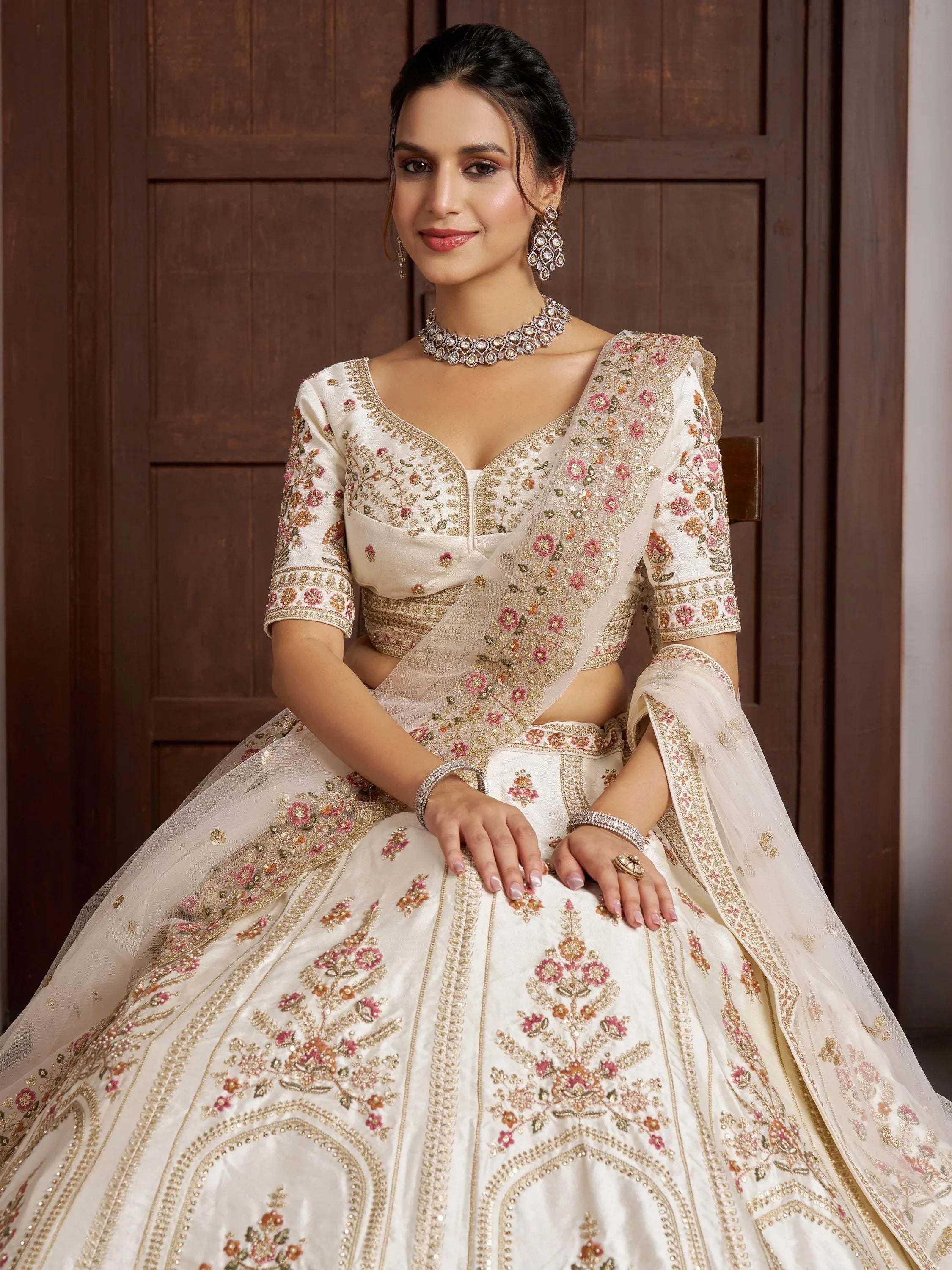 Breathtaking White Zari Work Silk Lehenga Choli With Double Dupatta