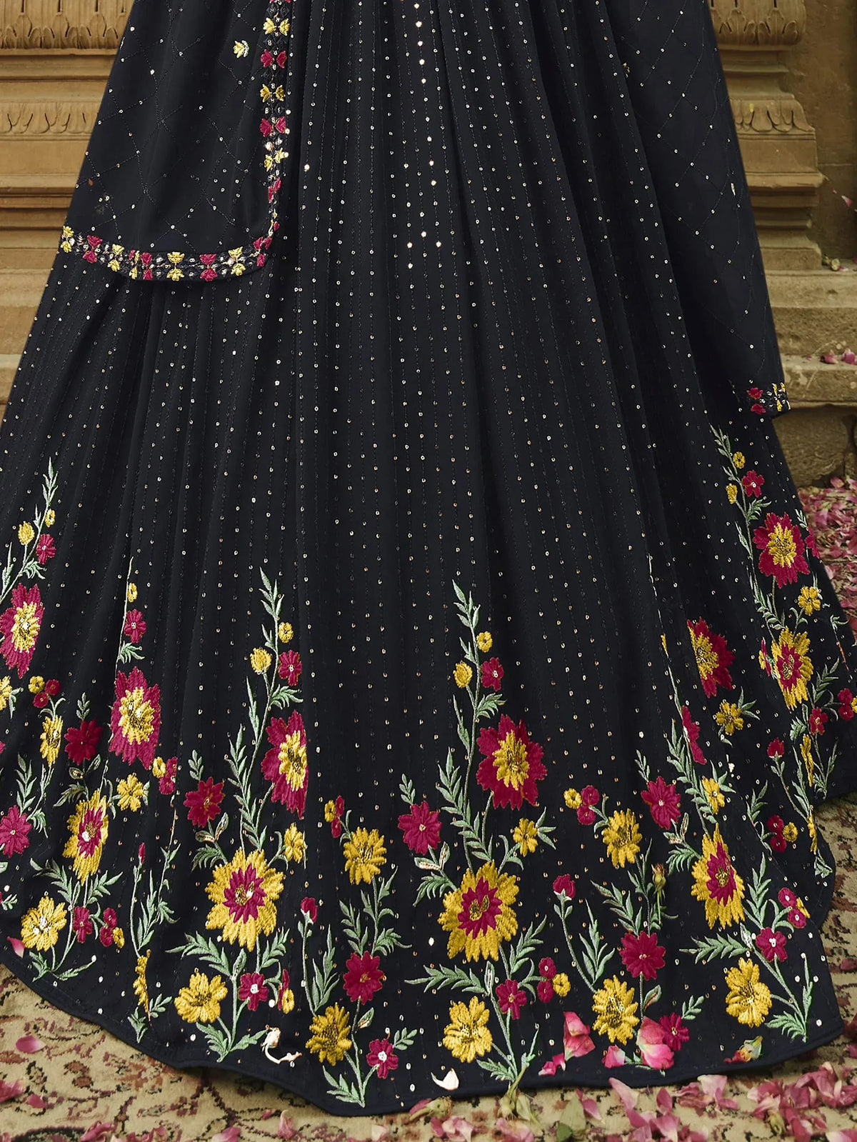 Black lehenga with floral embroidery and sequin detailing, Indian ethnic wear