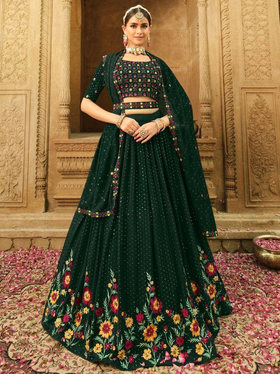 Emerald green floral embroidered lehenga choli with dupatta, perfect for Indian weddings and festive occasions