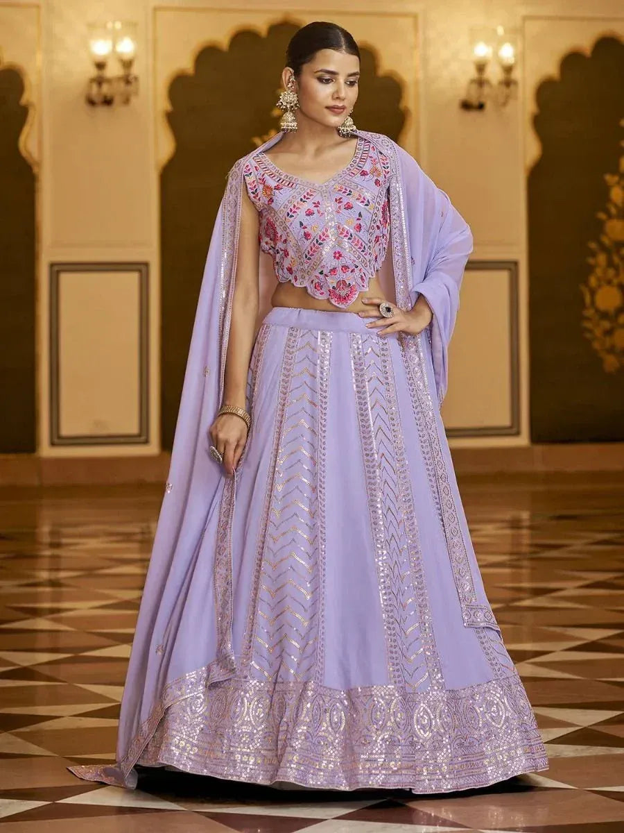 Lavender embroidered lehenga choli with floral blouse and dupatta, Indian ethnic wear