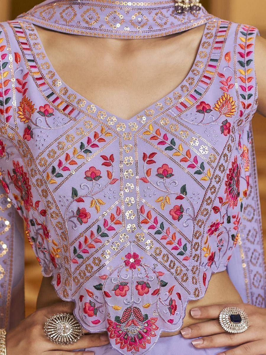 Lavender ethnic blouse with floral embroidery and sequin detailing, paired with matching dupatta