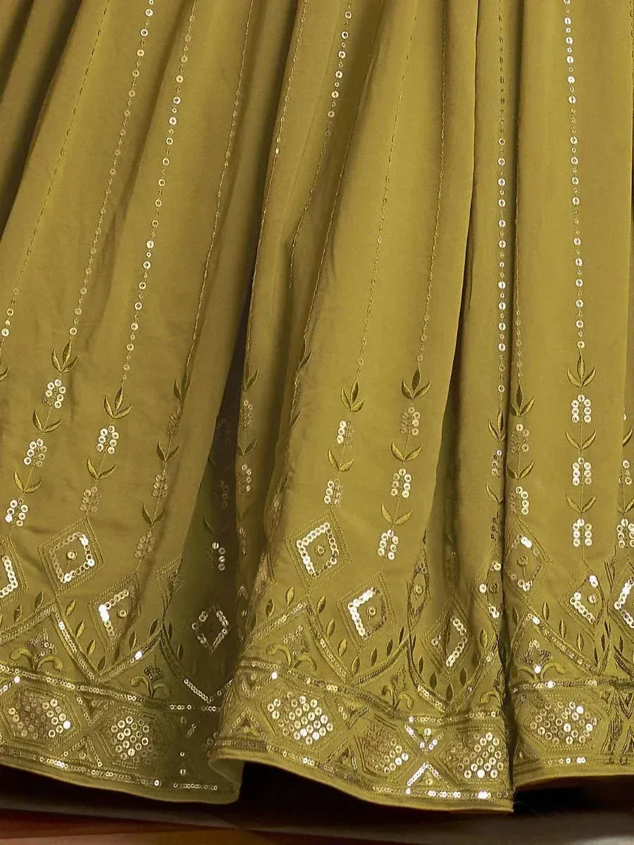 Olive green lehenga skirt with floral sequin embroidery and geometric border detailing
