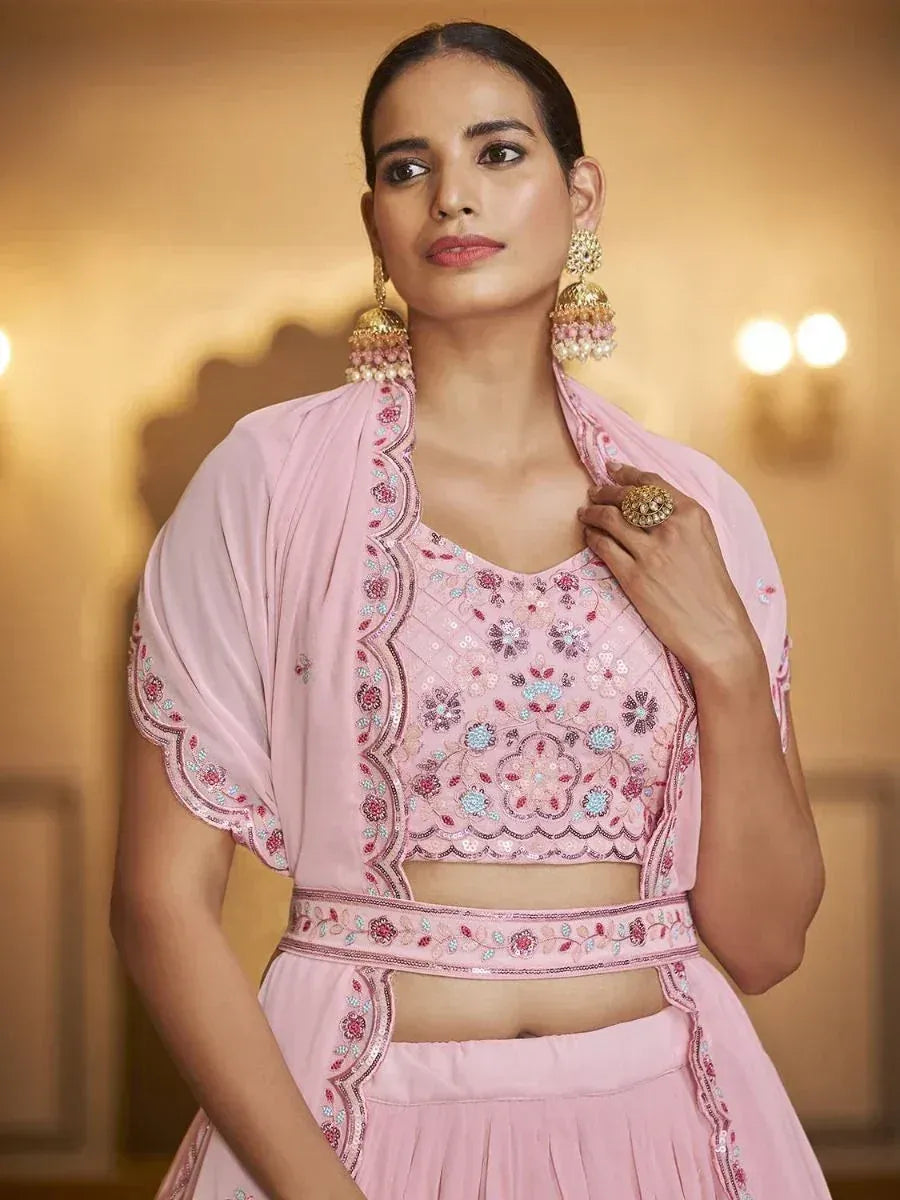 Pink embroidered lehenga choli with floral sequin work, perfect for Indian ethnic occasions