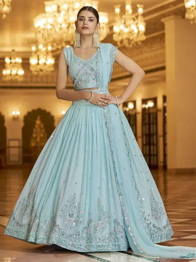 Excellent Sky Blue Georgette Embroidered Engagement Wear Lehenga Choli