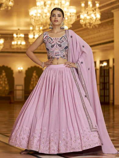Glamorous Dusty Pink Georgette Sequins Work Reception Wear Lehenga