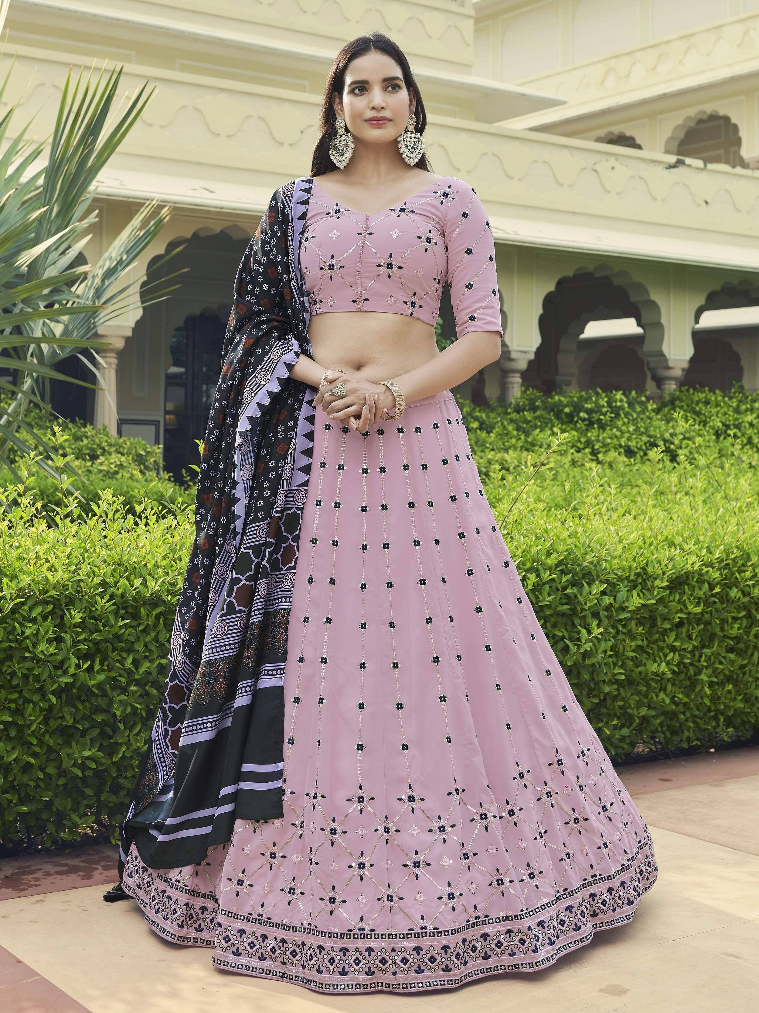 Pink embroidered lehenga choli with black patterned dupatta, Indian ethnic wear for women