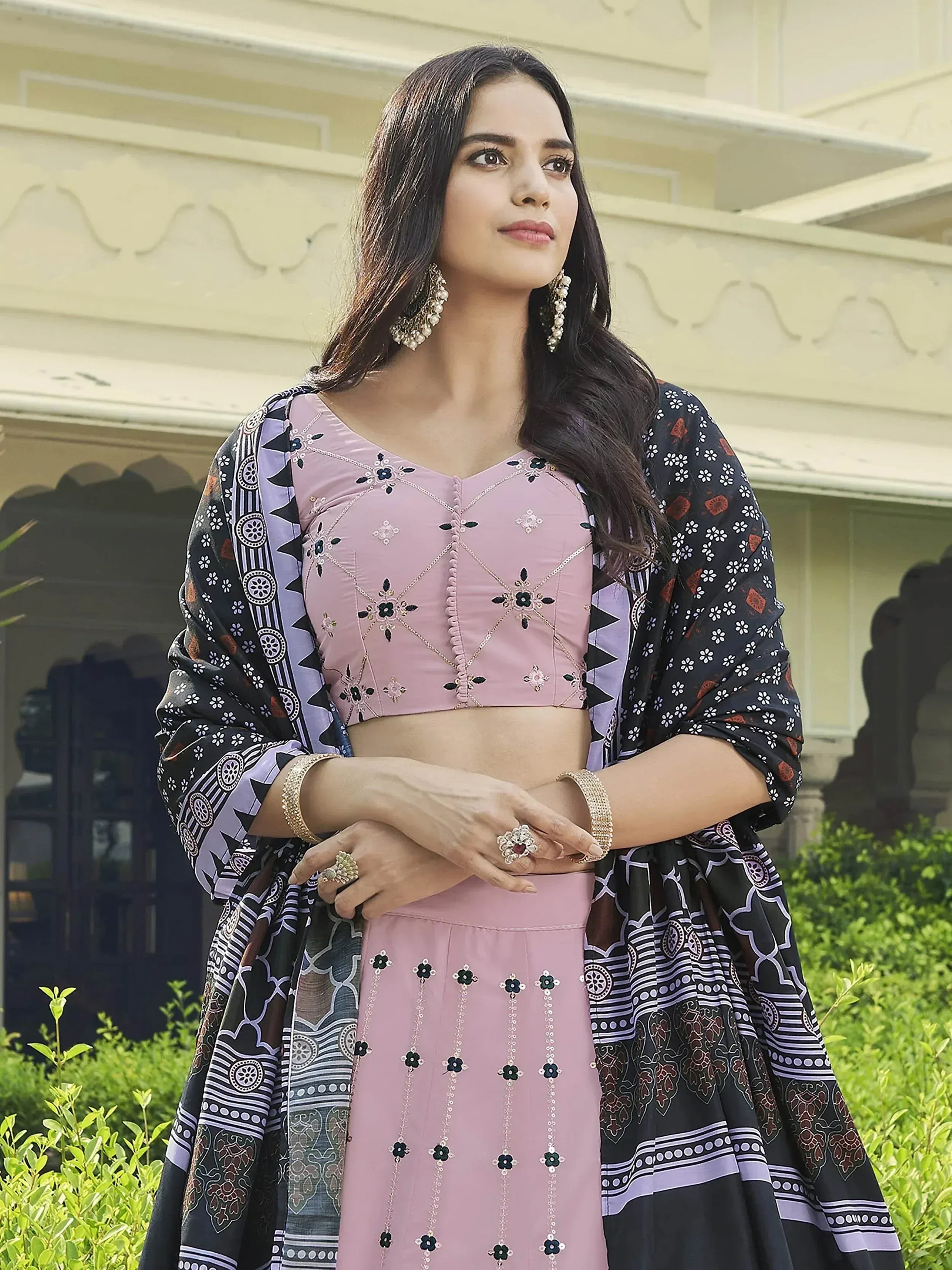 Pink embroidered lehenga choli with printed dupatta, Indian ethnic wear for women