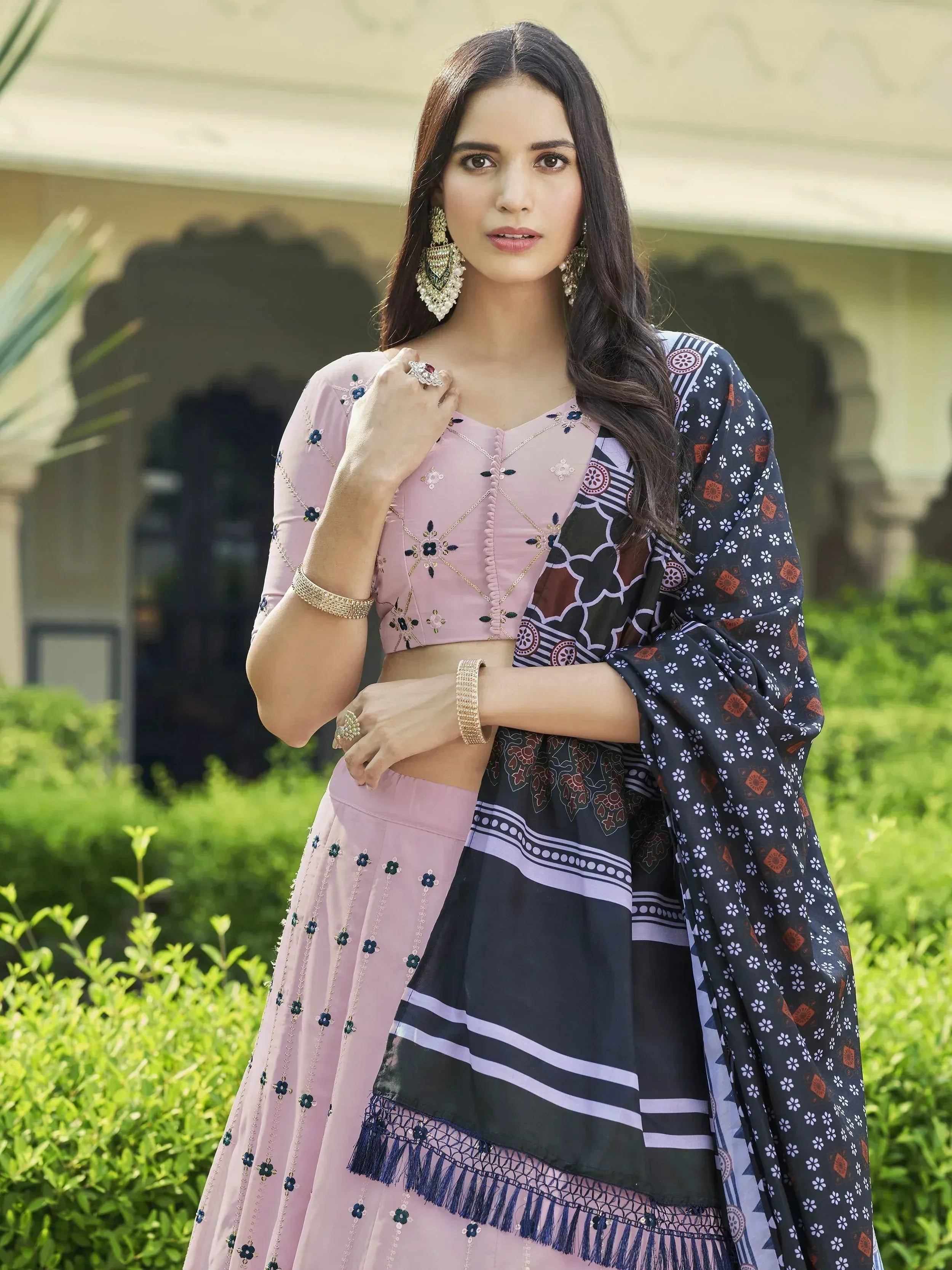 Pink embroidered lehenga choli with printed dupatta, Indian ethnic wear for women
