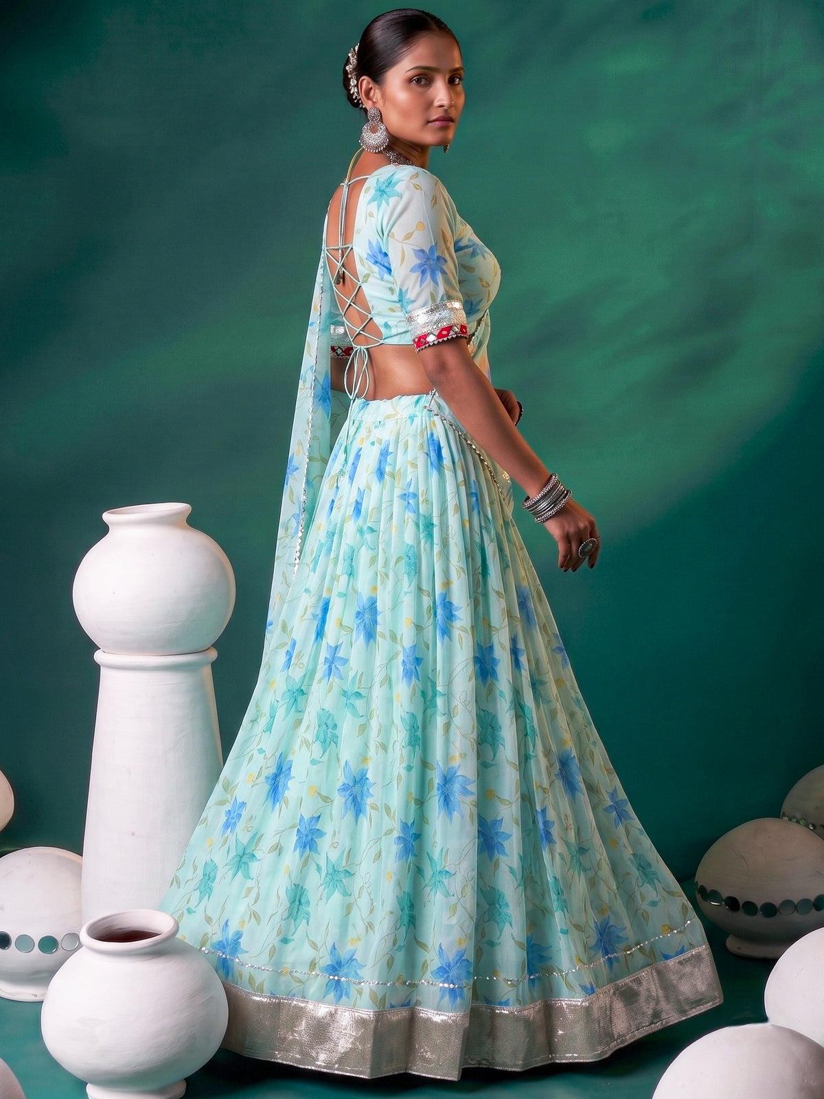 Magnetic Sky Blue Floral Printed Silk Festive Wear Lehenga With Blouse
