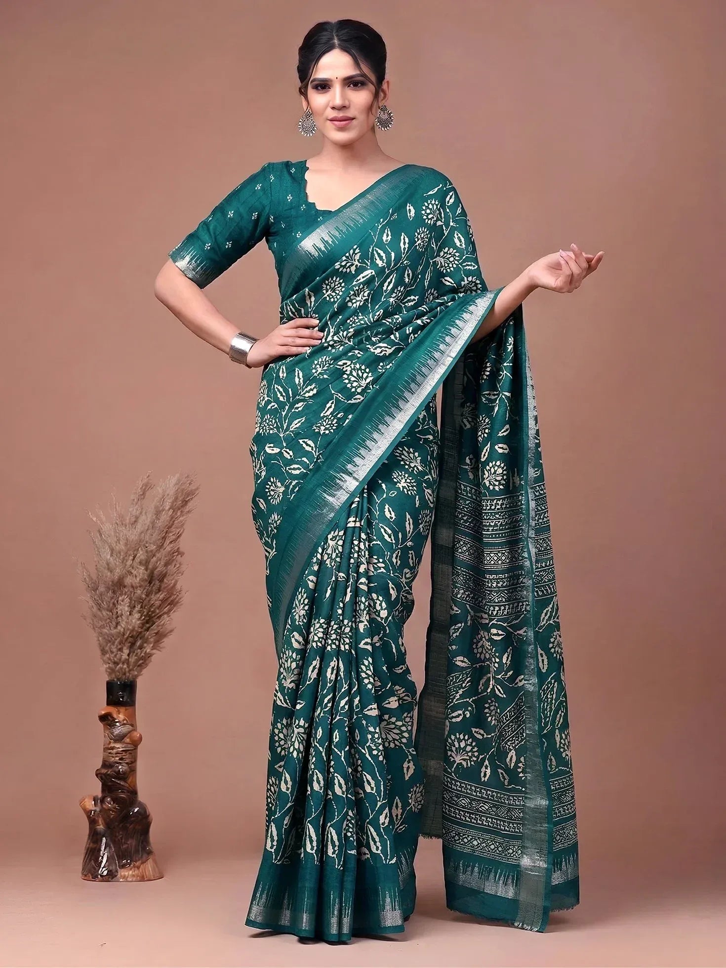 Rich Teal Green Zari Border Silk Festive Wear Saree With Blouse