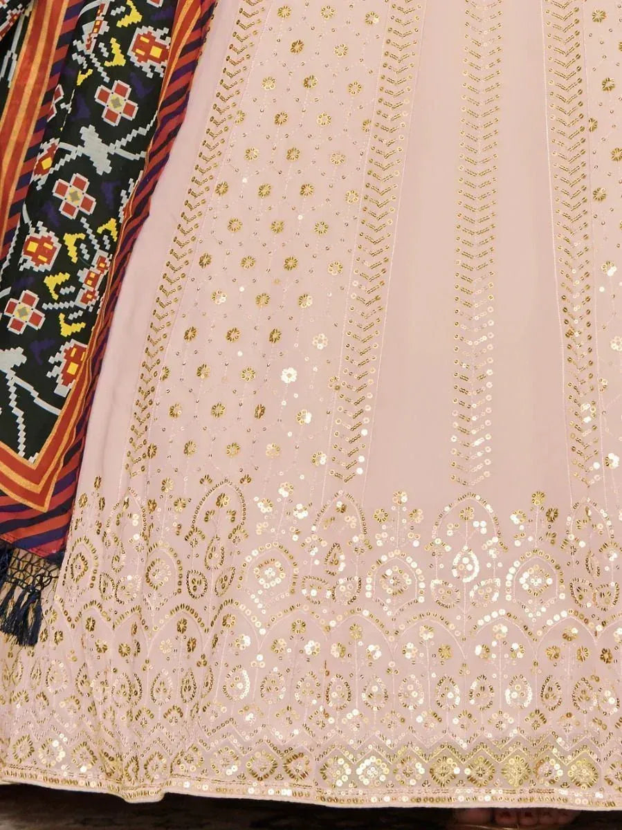 Pink lehenga with gold sequin embroidery and patterned dupatta, ethnic Indian wear