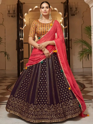 Charismatic Dark Purple Sequins Embroidery Georgette Lehenga Choli