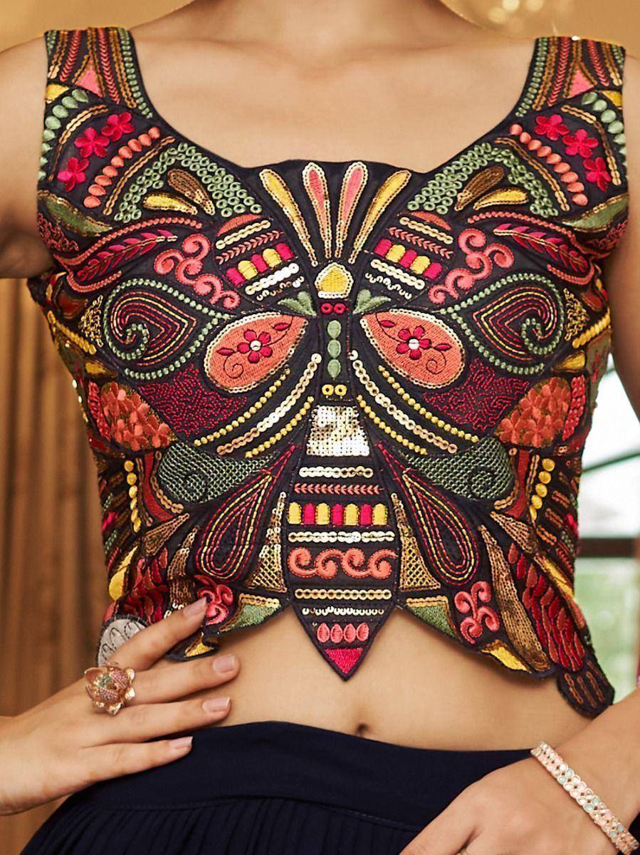Embroidered ethnic crop top with colorful floral and geometric patterns, perfect for Indian wear