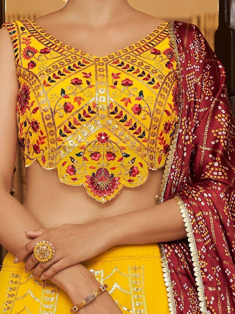 Yellow embroidered lehenga choli with red floral blouse and dupatta, Indian ethnic wear