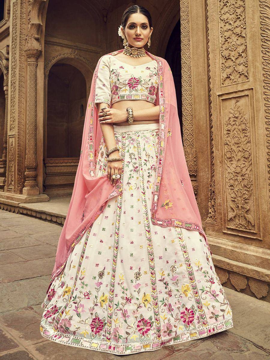 Floral embroidered lehenga choli with pink dupatta, Indian ethnic wear for weddings and festivals