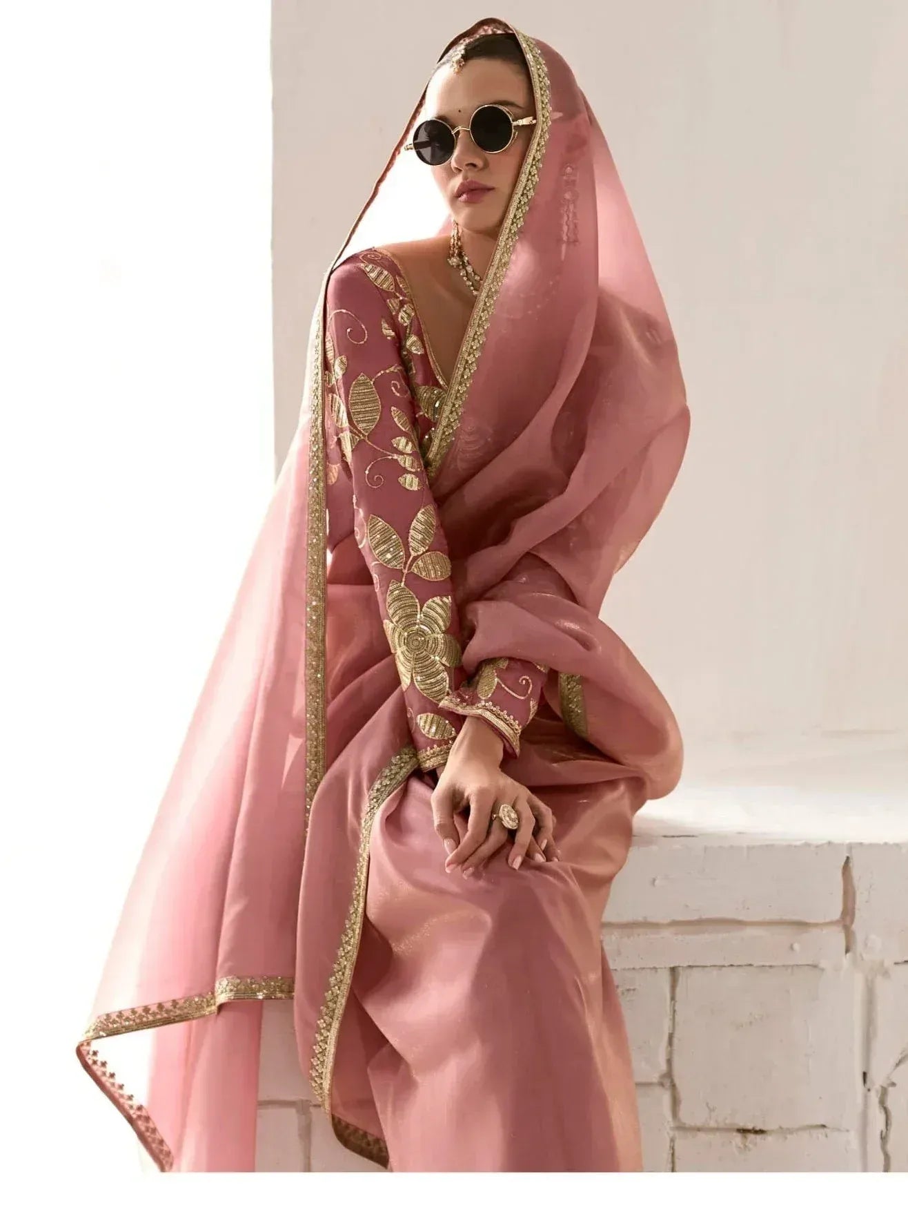 Pink ethnic salwar kameez with gold embroidery and dupatta, stylish Indian wear for women