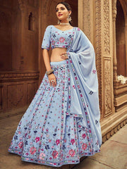 Excellent Sky Blue Thread Embroidered Georgette Wedding Wear Lehenga Choli