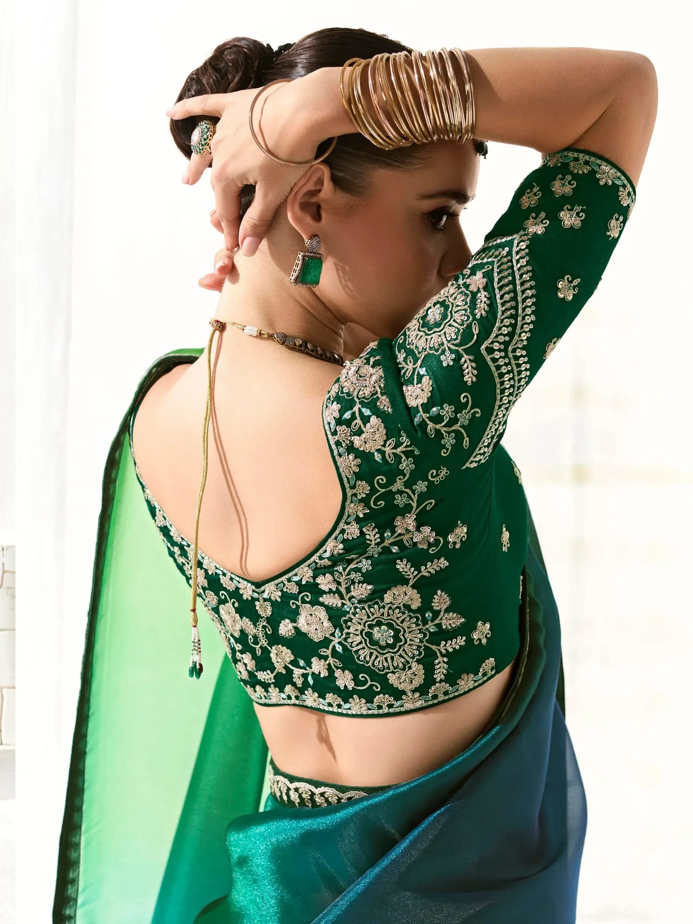 Embrace Teal Green Border Work Tissue Silk Party Wear Saree