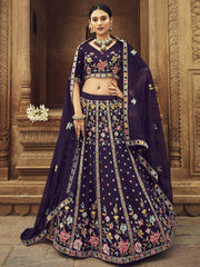 Amazing Purple Thread Embroidered Georgette Wedding Wear Lehenga Choli
