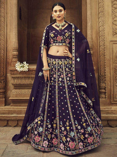 Amazing Purple Thread Embroidered Georgette Wedding Wear Lehenga Choli
