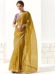 Engaging Mustard Yellow Thread Embroidered Tissue Silk Haldi Wear Saree