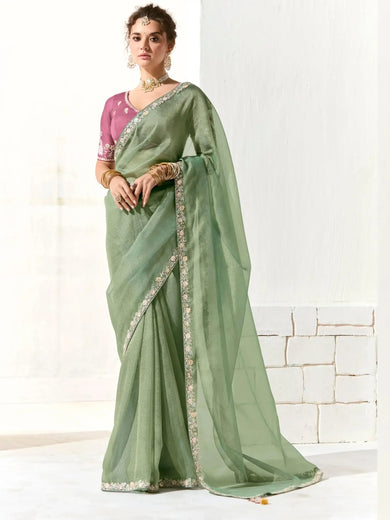 Fascinating Pista Green Border Work Tissue Silk Traditional Saree With Blouse
