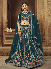 Marvelous Teal Blue Foil Mirror reception Georgette Lahenga Choli
