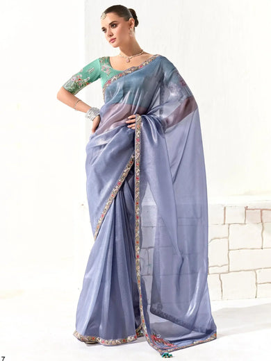 Mesmerizing Dusty Blue Border Work Tissue Silk Engagement Wear Saree